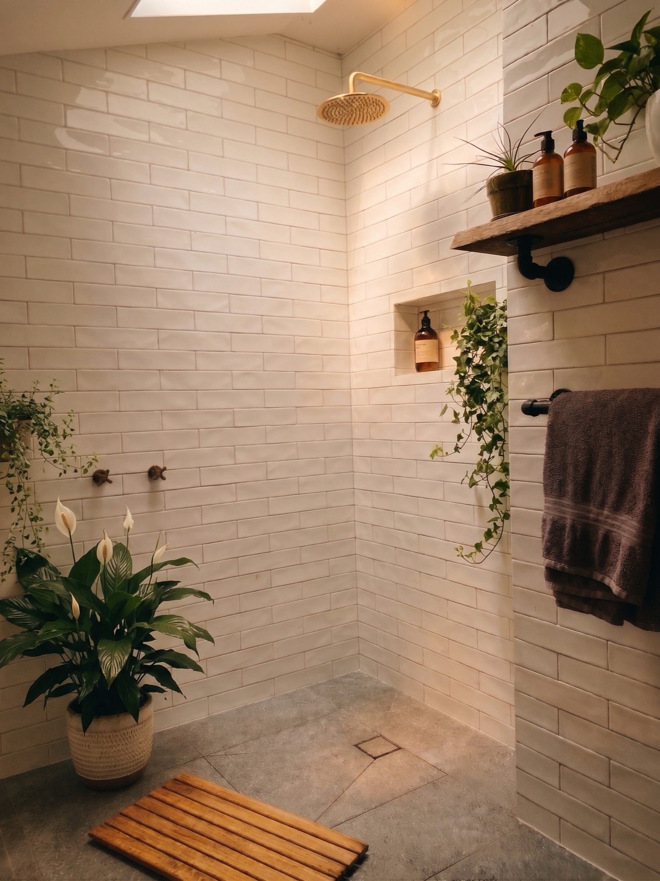 Skylit walk-in shower with white subway tiles, brass rain shower head and plants