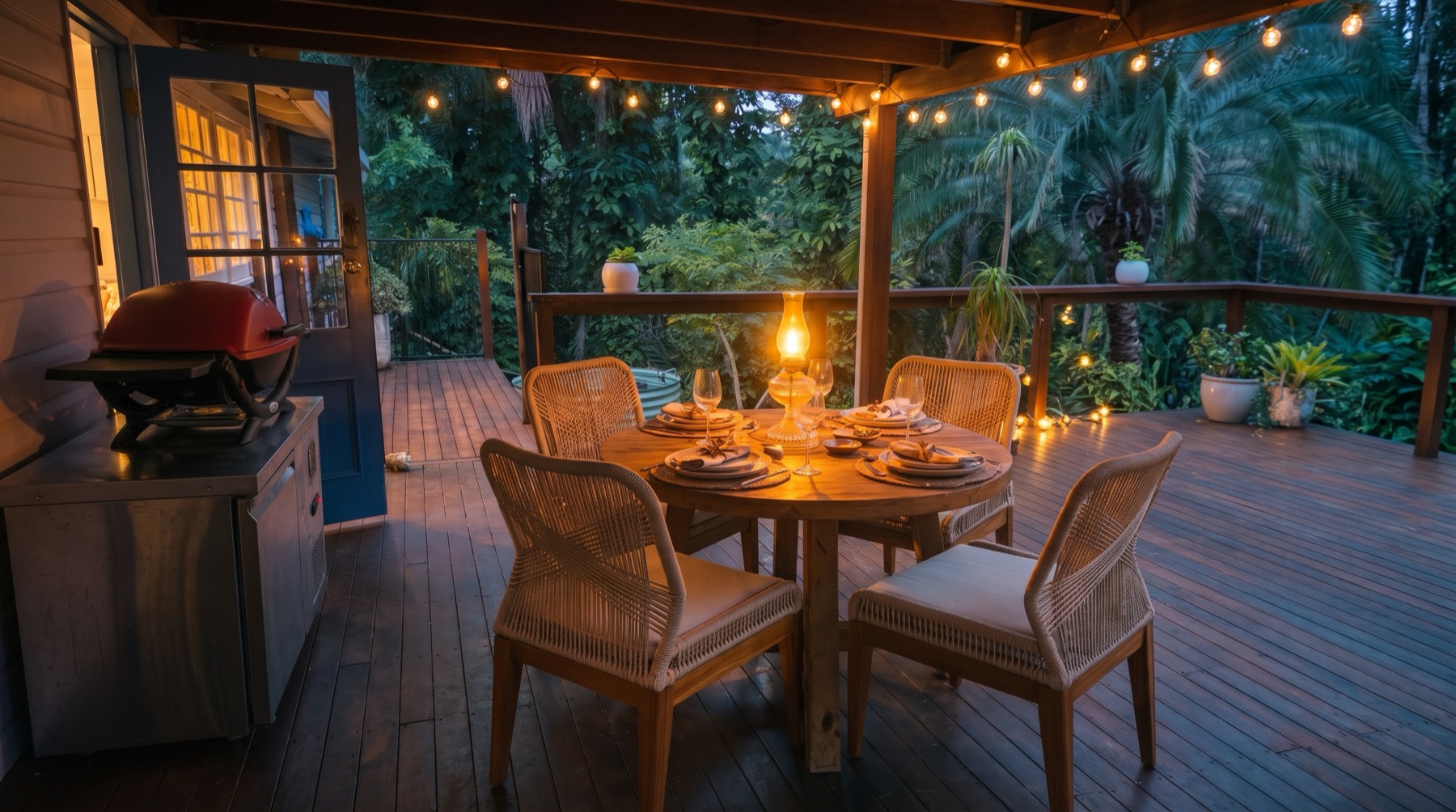 The covered deck at dusk, dining table set for four under festoon lights